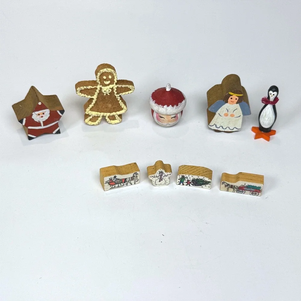 Vintage 90s Hand Painted Wooden Christmas Miniatures Lot of 9 misc pieces Decor